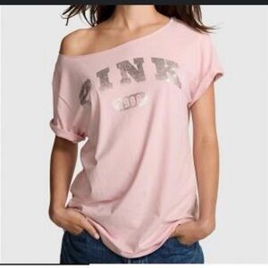 PINK Victoria's Secret Off The Shoulder Light Pink With Silver Logo Tee